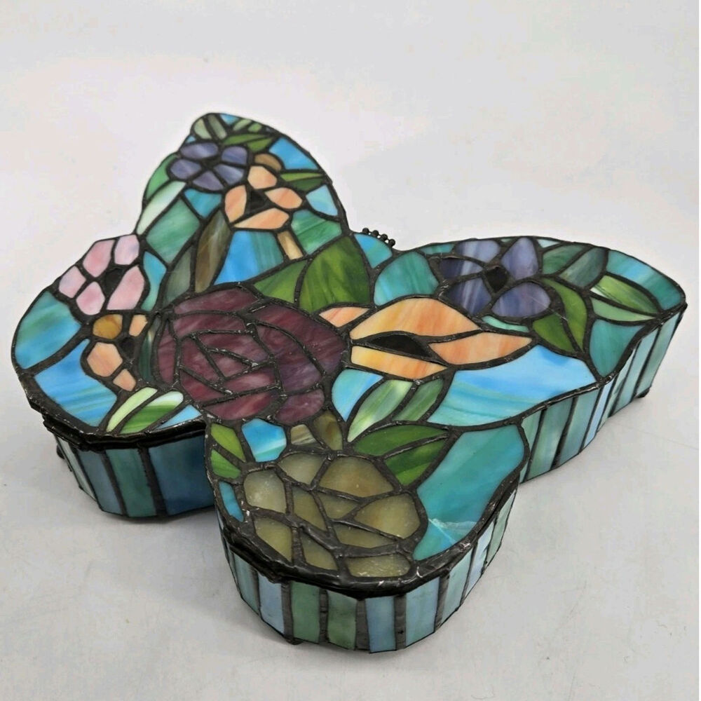Rare Vintage Stained Glass Butterfly Floral Large 10 Inch Trinket Jewelry Box